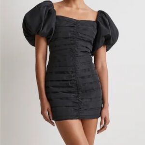 Rhode Suzette Black Puff-Sleeve Ruched Mini Dress